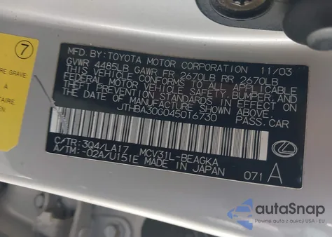 2004 Lexus Es 330 из США, поврежденный, VIN JTHBA30G045016730